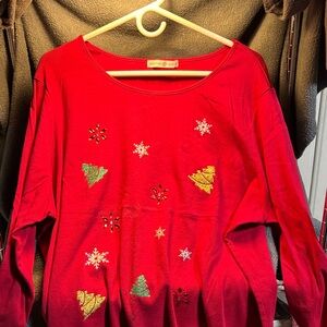 Festive Red Holiday Long Sleeve shirt with Embellishments